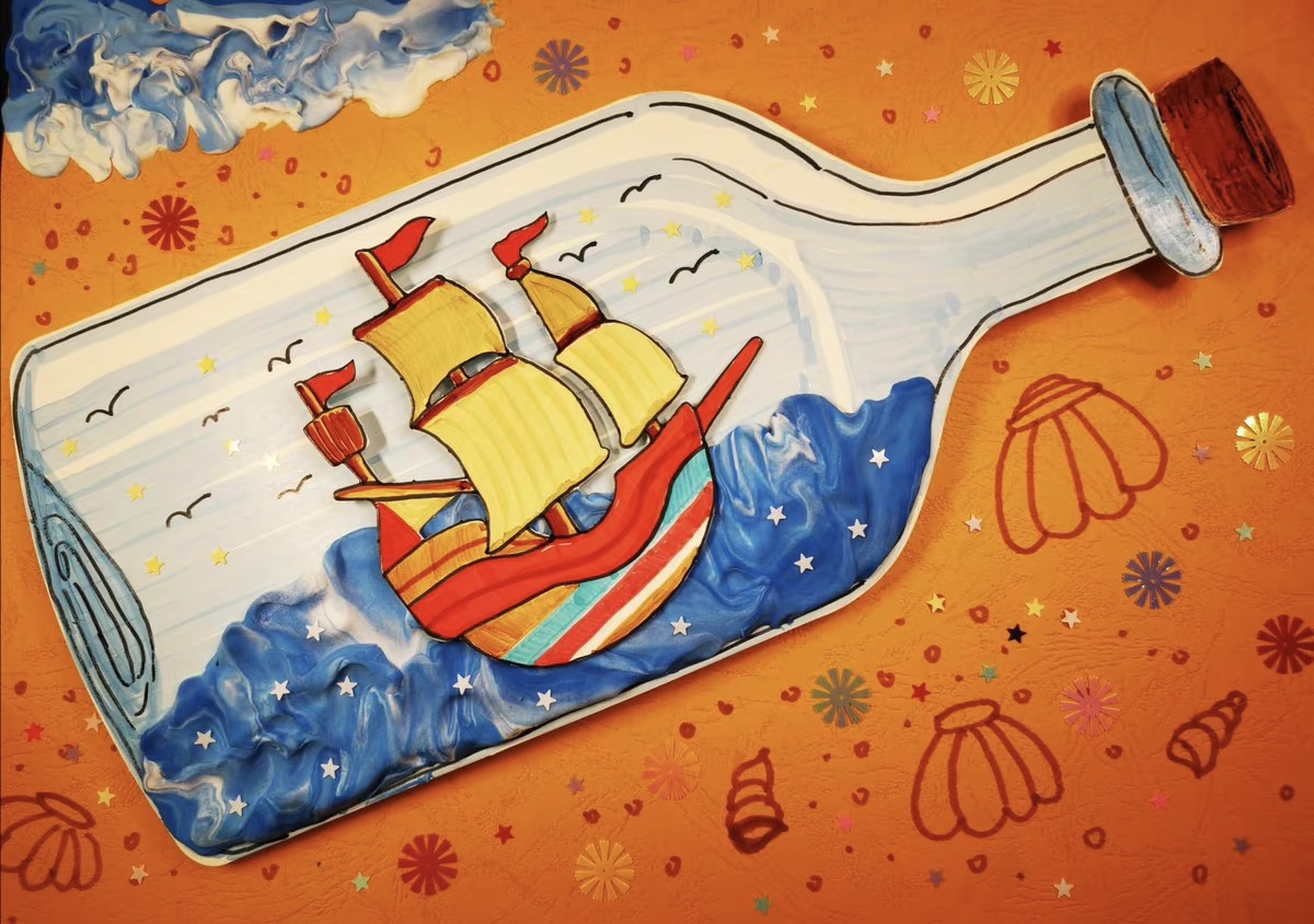 海洋漂流瓶创意手绘插画图片-千库网